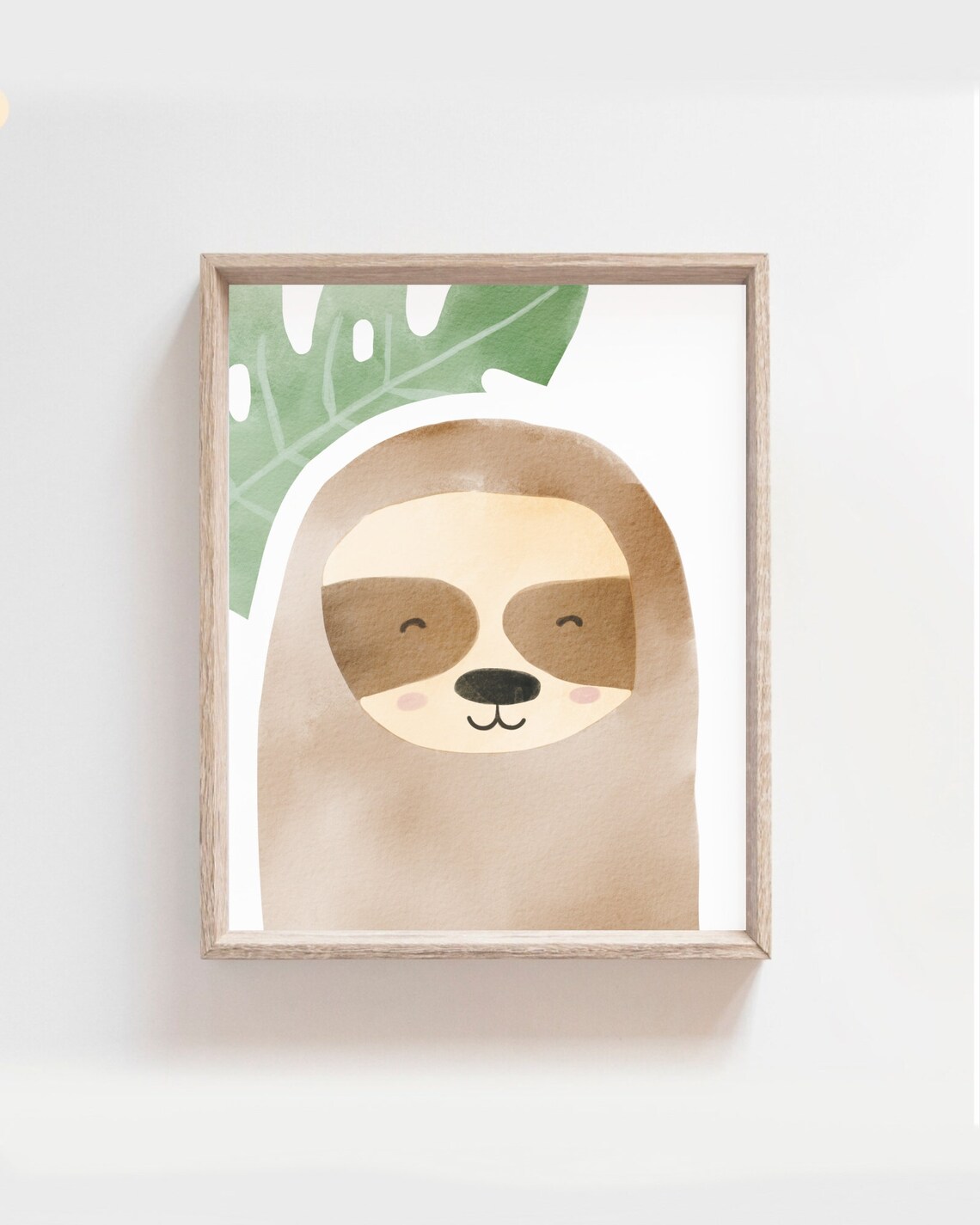 Smiling Sloth With Monstera Leaf Watercolor Jungle Nursery Kids Room Poster