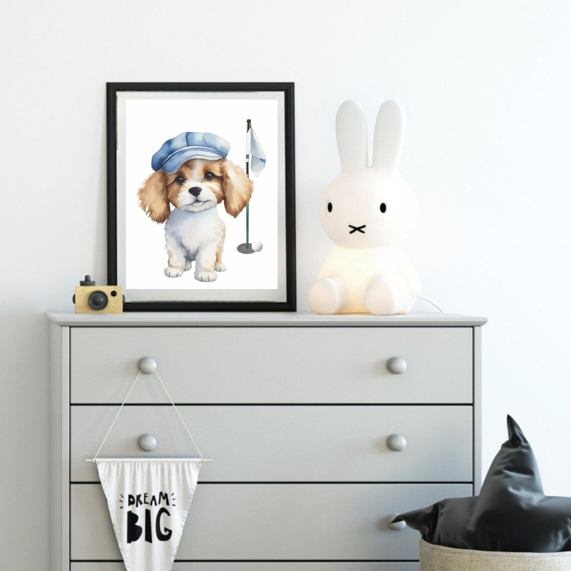 Puppy In Blue Golf Cap By Flagstick Watercolor Sports Nursery Poster - Image 2