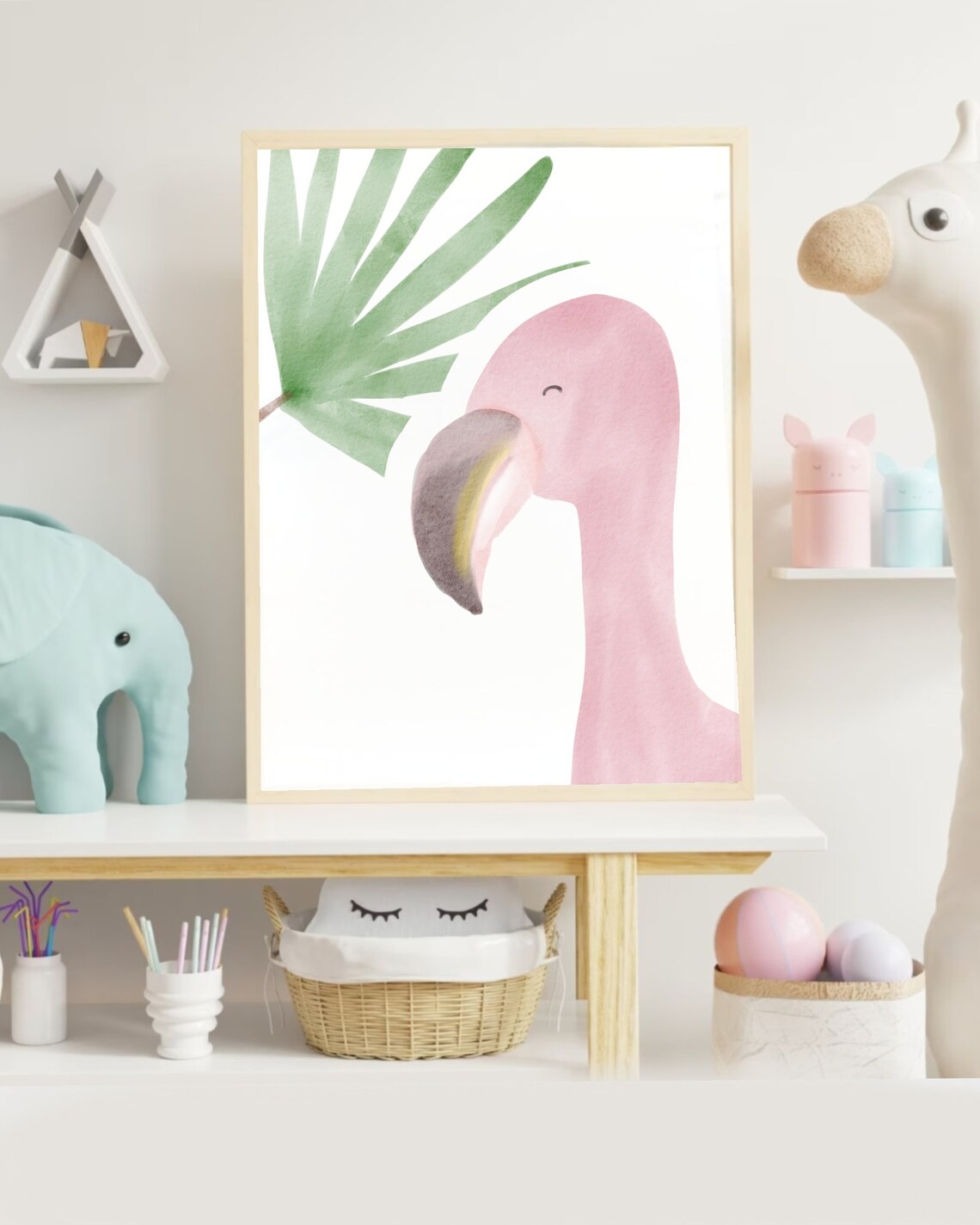 Pink Flamingo Head With Green Palm Leaf Tropical Watercolor Nursery Poster - Image 2