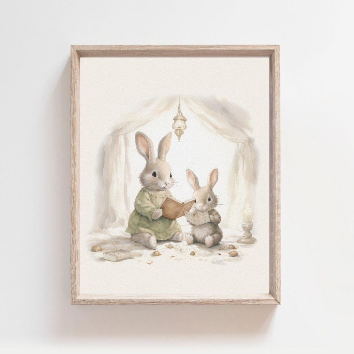 Mama Bunny Reading Bedtime Story To Baby Under Lantern Poster