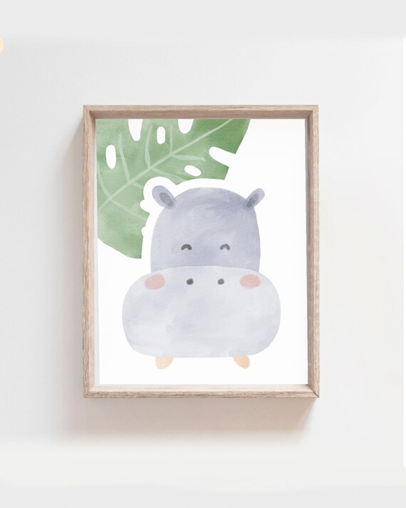 Adorable Baby Hippo Monstera Leaf Watercolor Nursery Art Poster