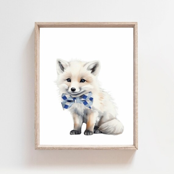 Cute White Fox Cub Blue Gingham Bow Tie Woodland Nursery Poster
