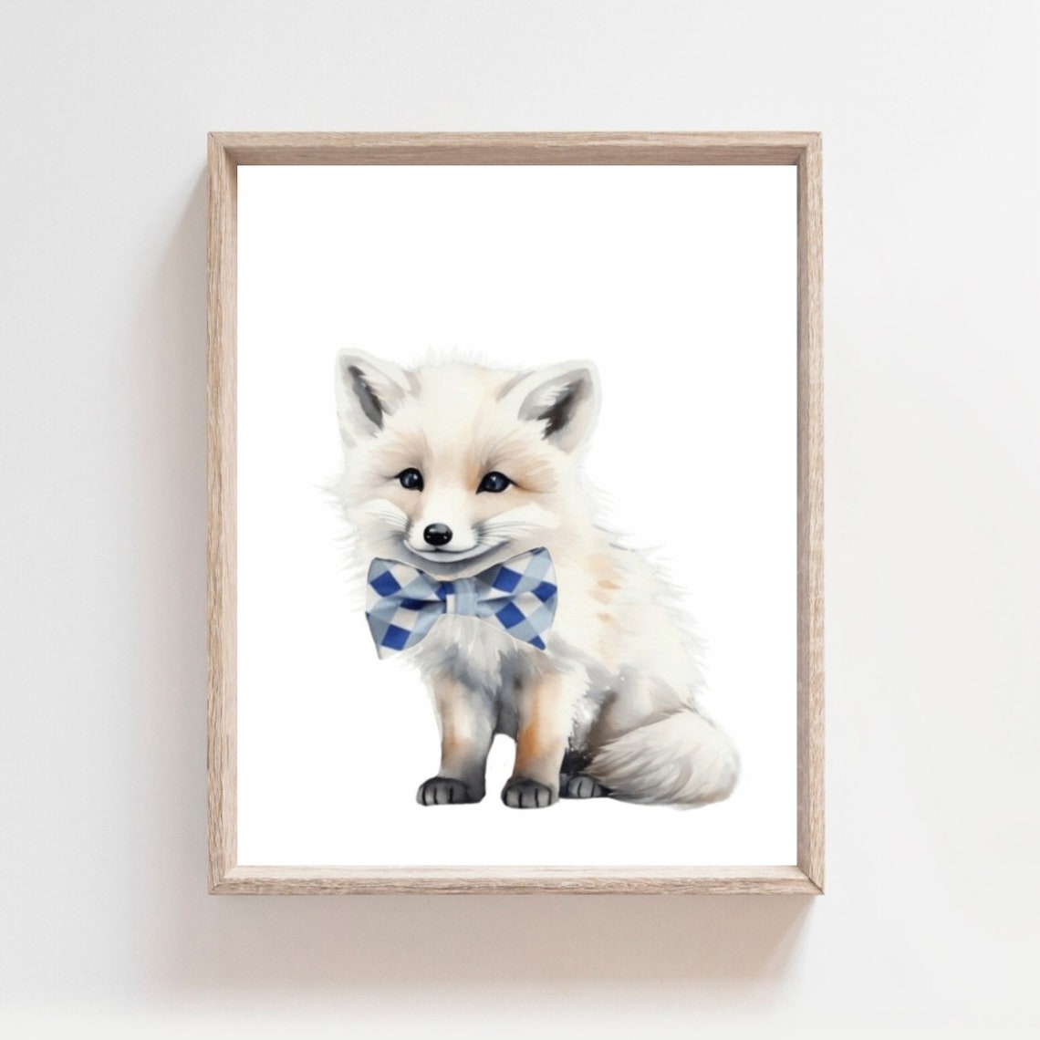 Cute White Fox Cub Blue Gingham Bow Tie Woodland Nursery Poster