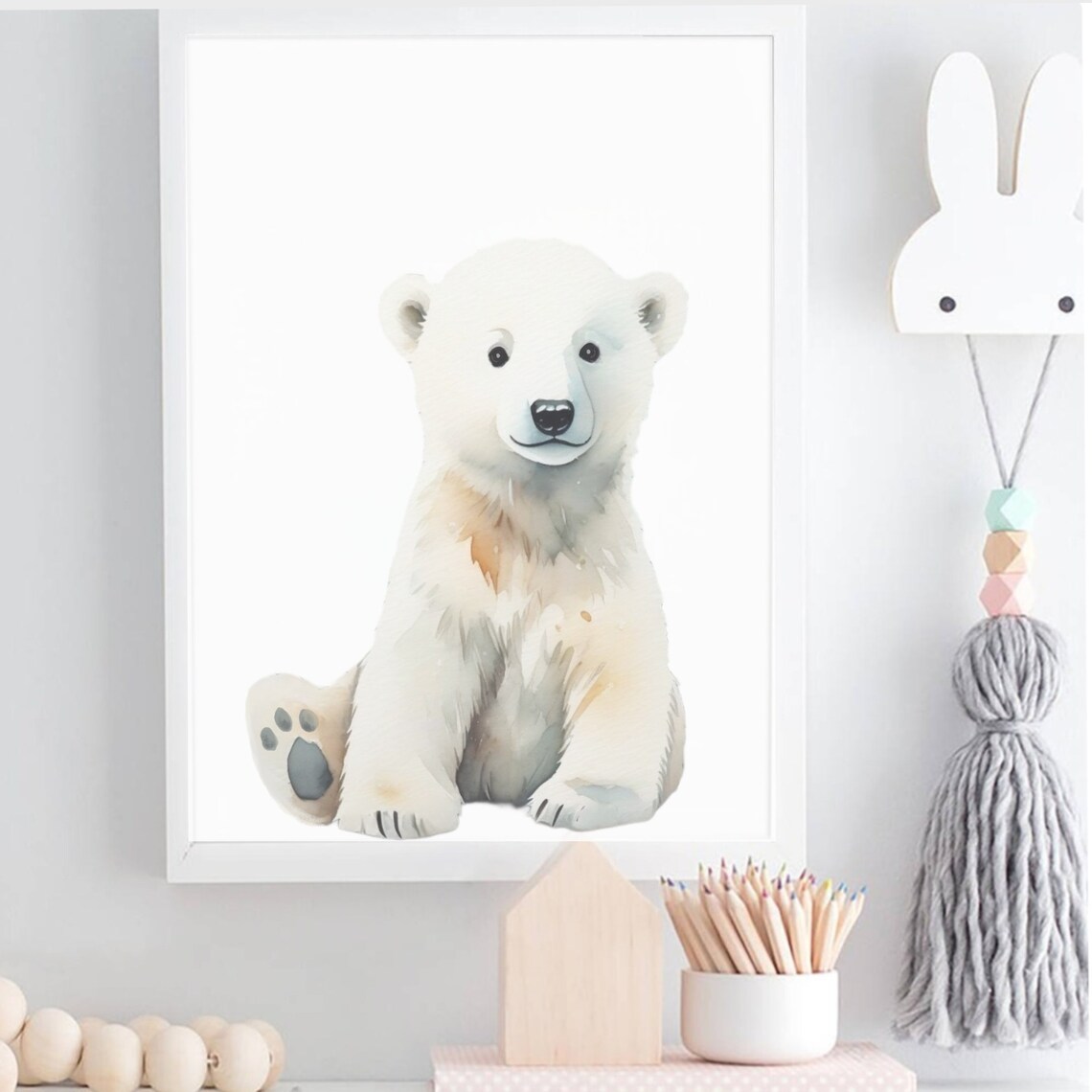 Sweet Baby Polar Bear Cub Sitting Watercolor Arctic Nursery Poster - Image 2