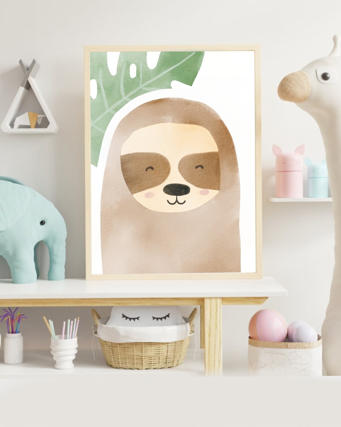 Smiling Sloth With Monstera Leaf Watercolor Jungle Nursery Kids Room Poster - Image 2