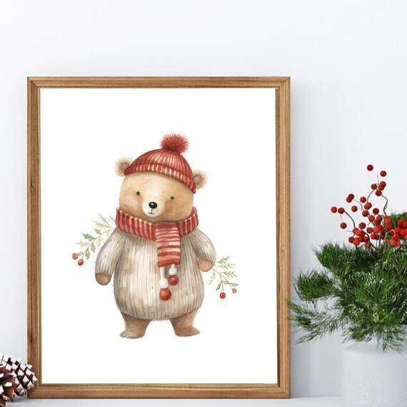 Christmas Decor Winter Bear Winter Home Decor Watercolor Art Wall Art Holiday Print Kids Art Winter Wonderland Cute Bear