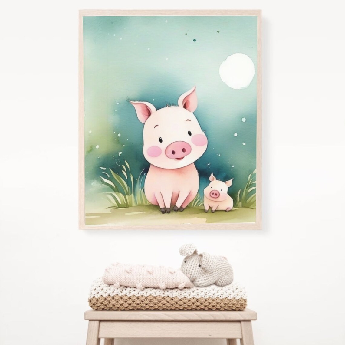 Mama Pig and Piglet Moonlight Watercolor Farm Nursery Wall Poster - Image 2