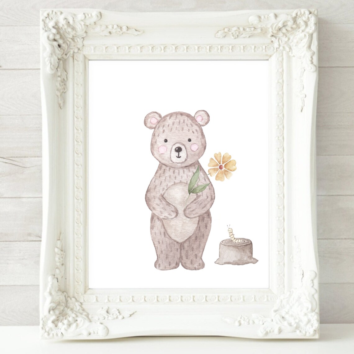 Watercolor Bear Holding Yellow Flower With Caterpillar Woodland Poster - Image 2
