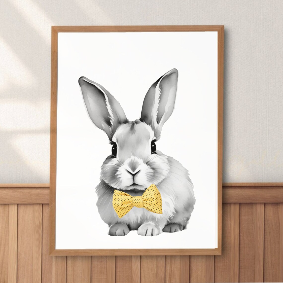 Cute Gray Bunny Rabbit Yellow Bow Tie Watercolor Nursery Poster - Image 2