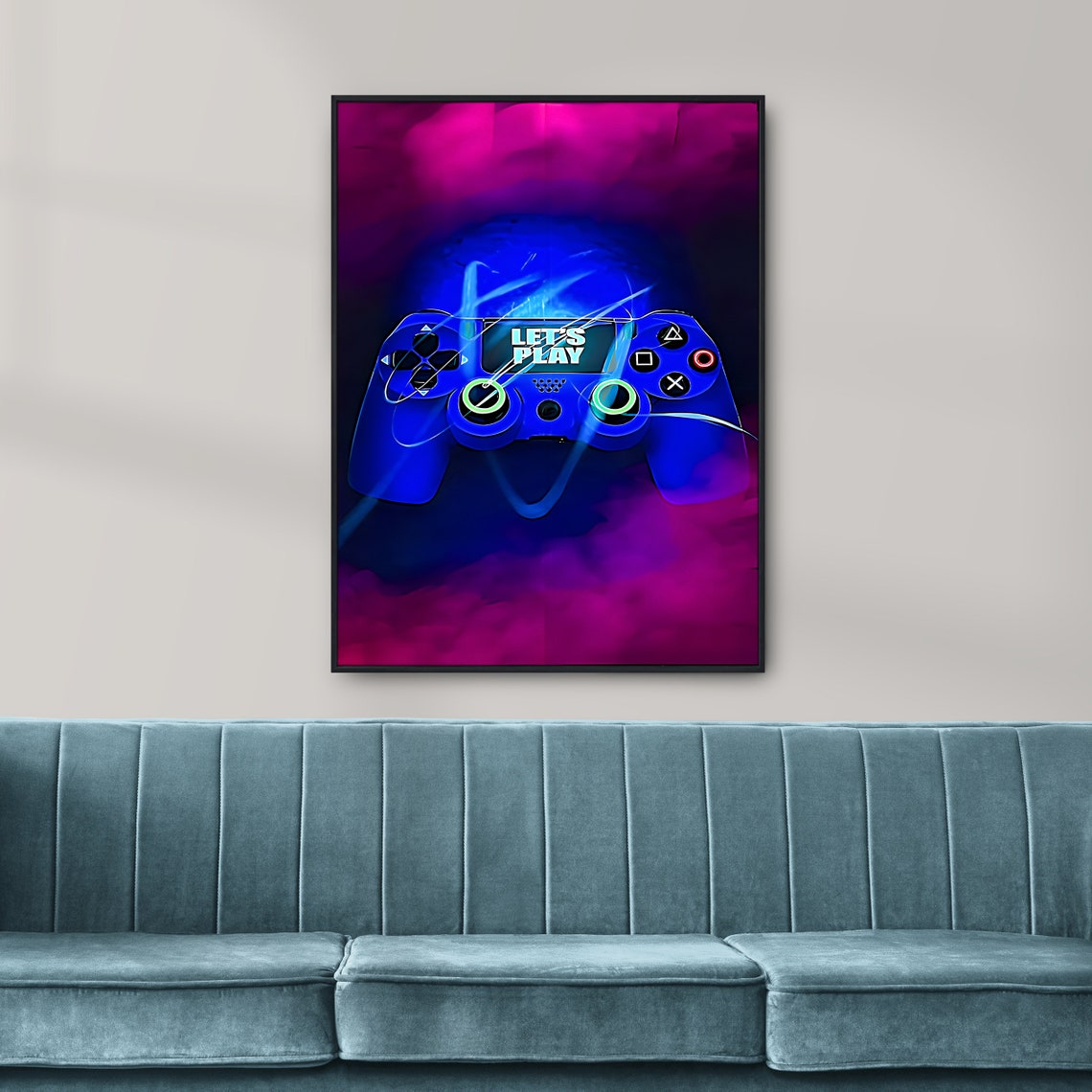 Lets Play Blue Neon Game Controller Pink Purple Glow Gaming Poster - Image 2