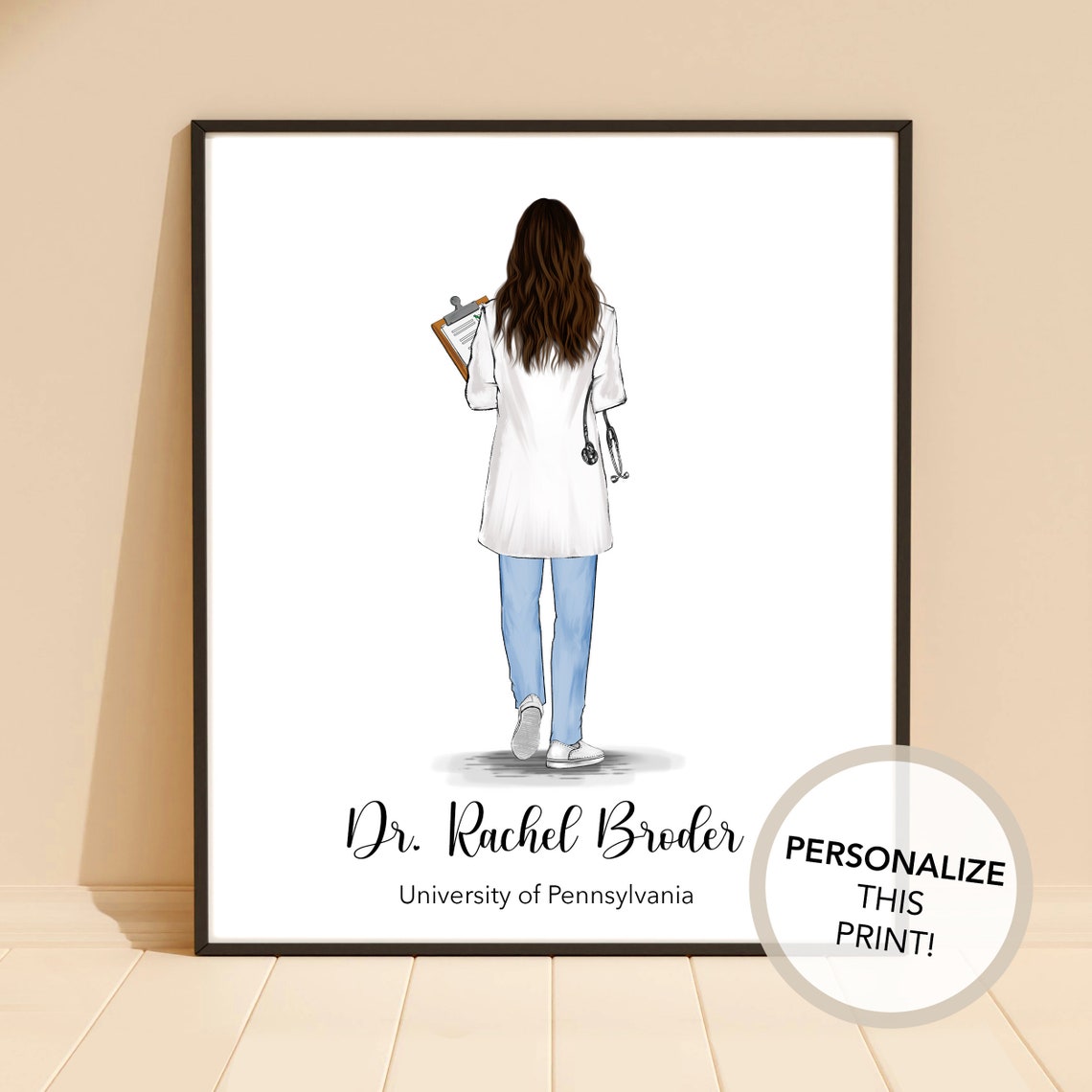 Personalized Female Doctor White Coat Stethoscope Graduation Art Poster - Image 2