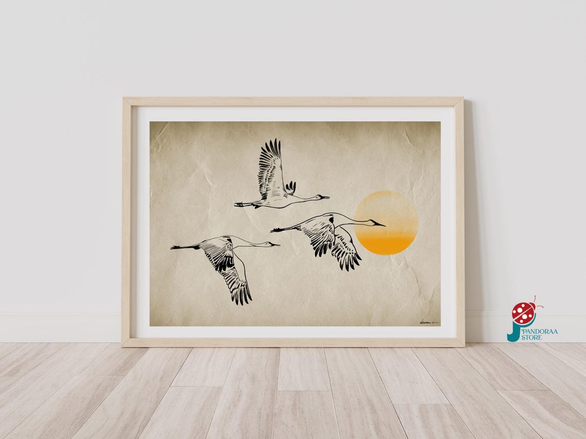 Flying Cranes Sunset Japanese Ink Art Bird Flock Minimalist Poster