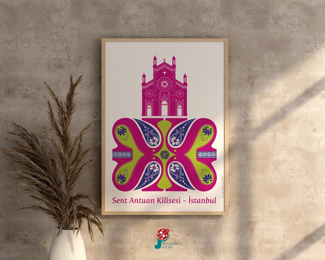 Sent Antuan Church Istanbul Pink Landmark Turkish Geometric Wall Art Poster