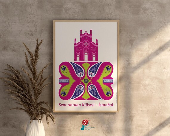 Sent Antuan Church Istanbul Pink Landmark Turkish Geometric Wall Art Poster