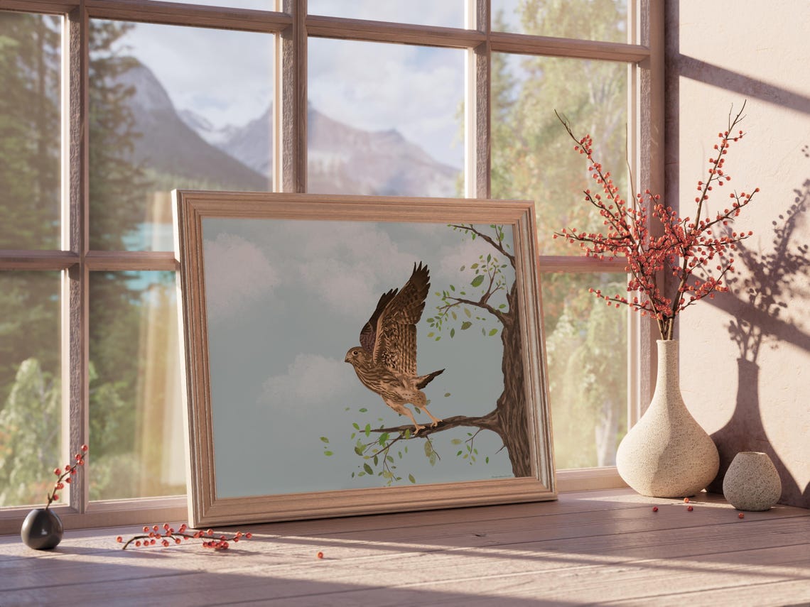 Majestic Hawk Wings Spread on Branch Soft Blue Sky Bird Print - Image 5