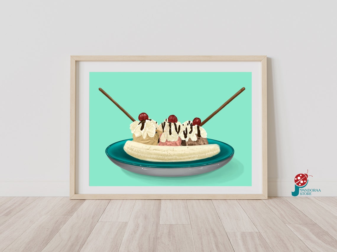 Banana Split Sundae Three Scoops Cherries Retro Dessert Print