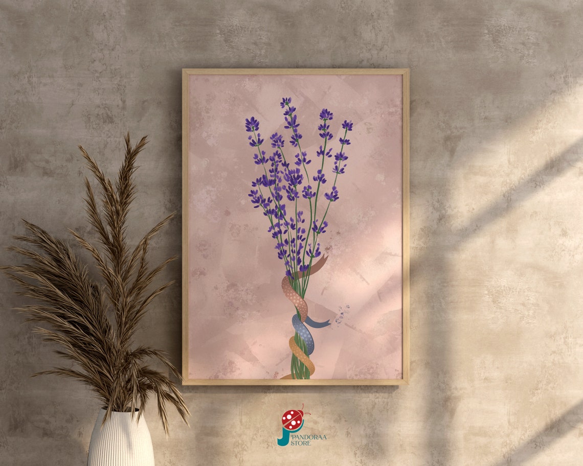 Lavender Sprigs Watercolor Ribbon Pink Background Floral Print