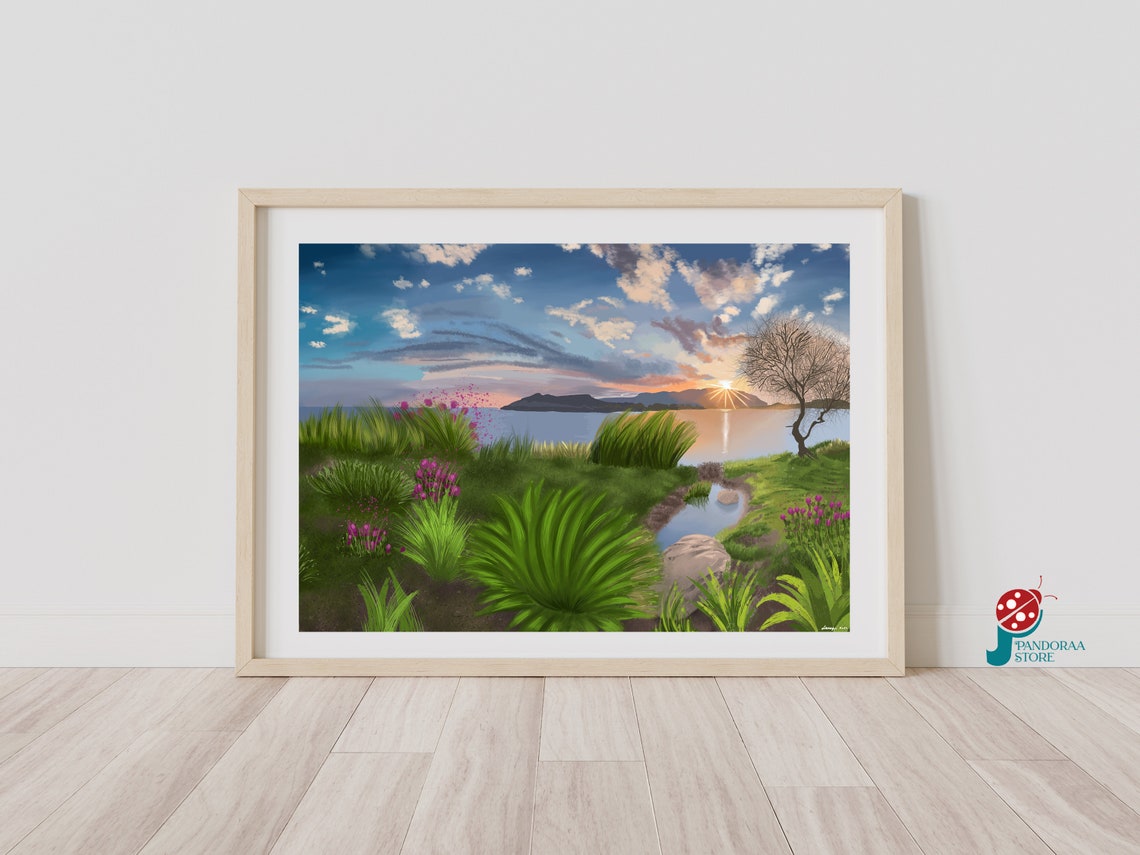 Seaside Sunset Calm Water Green Shore Wildflowers Square Print