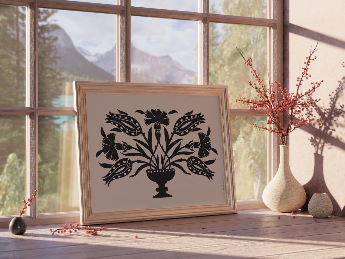 Black Beige Tulip Carnation Bouquet Urn Bold Folk Wall Art Print - Image 4