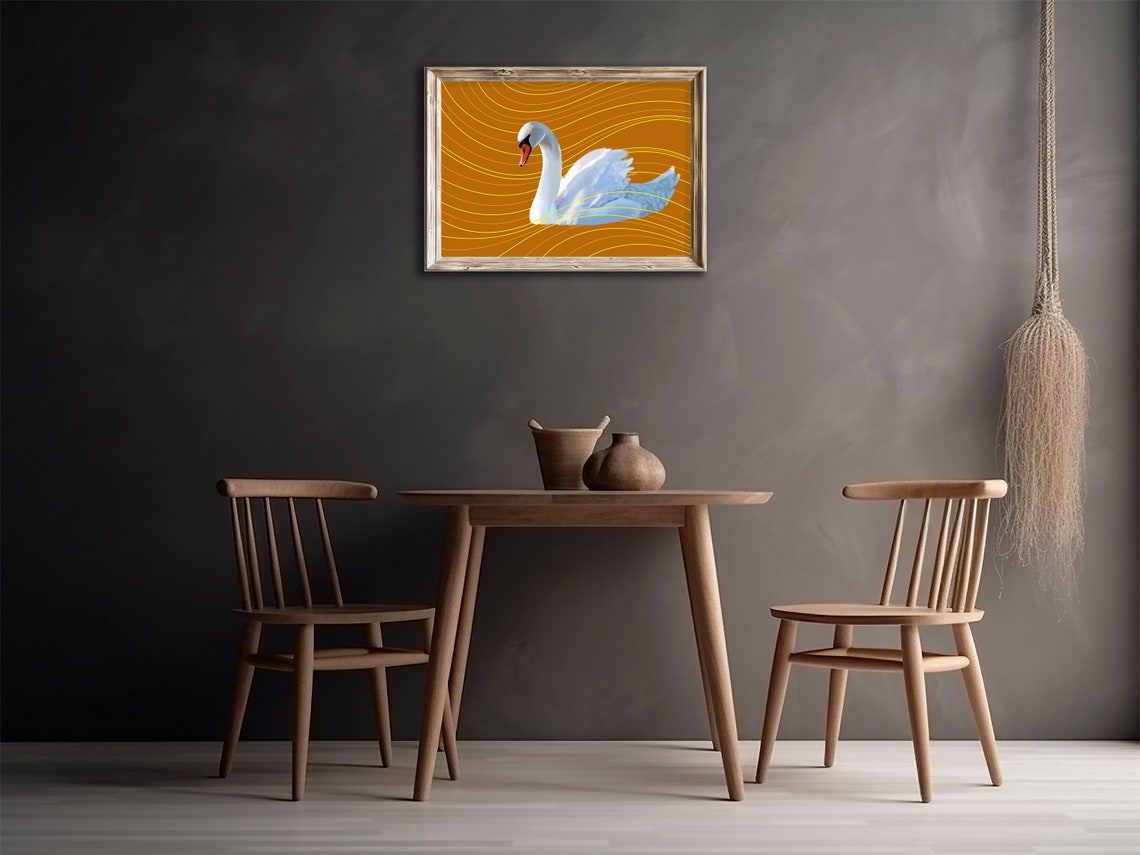 Elegant White Swan on Golden Brown Wavy Line Background Wall Poster - Image 3