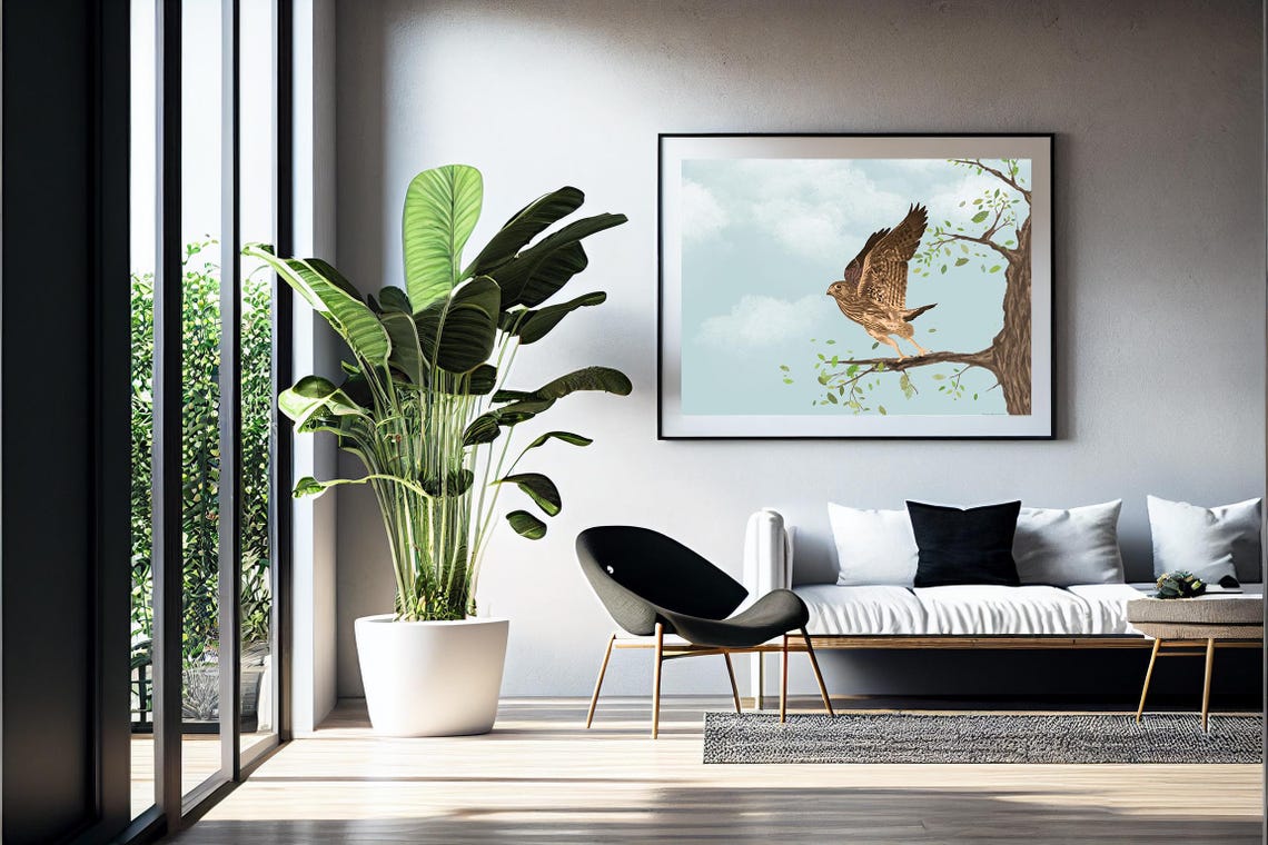 Majestic Hawk Wings Spread on Branch Soft Blue Sky Bird Print - Image 4
