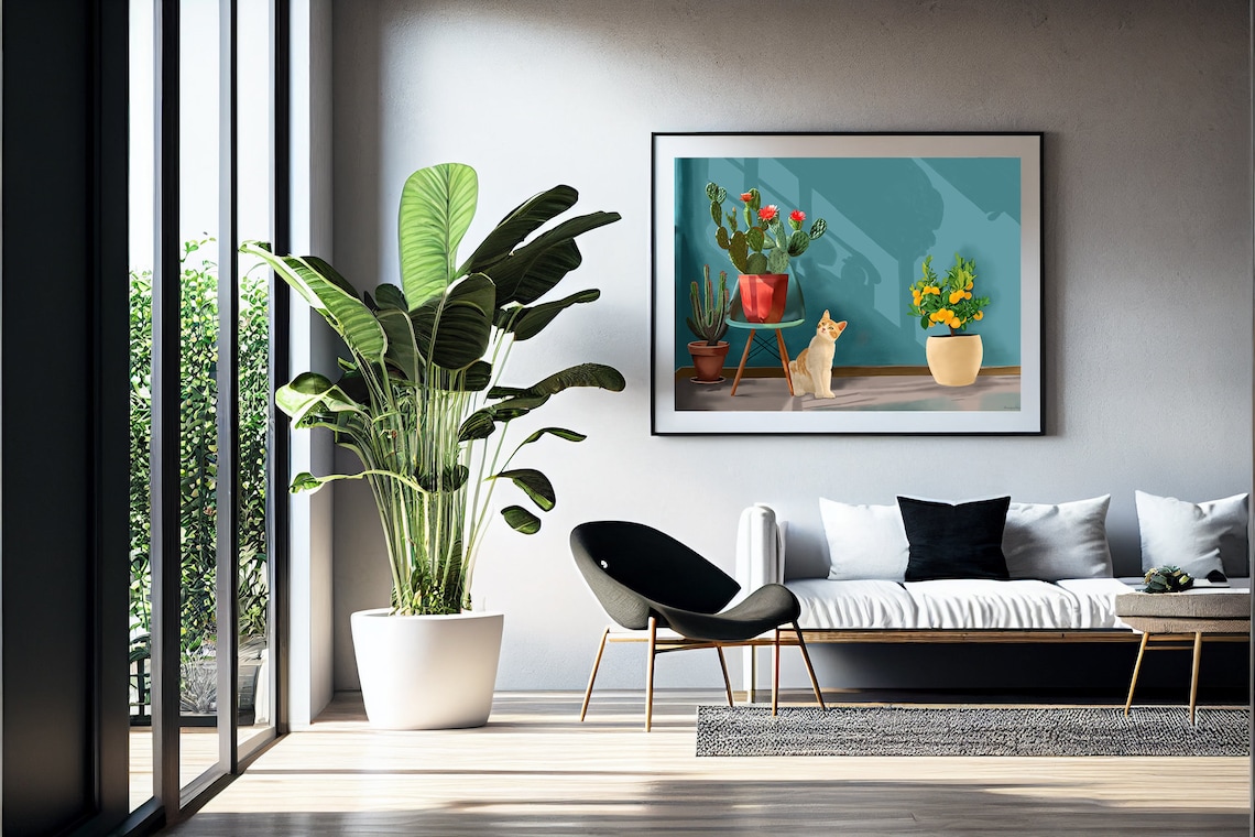 Cat And Cactus Art Print, Cozy Plant Animal Decor - Image 4