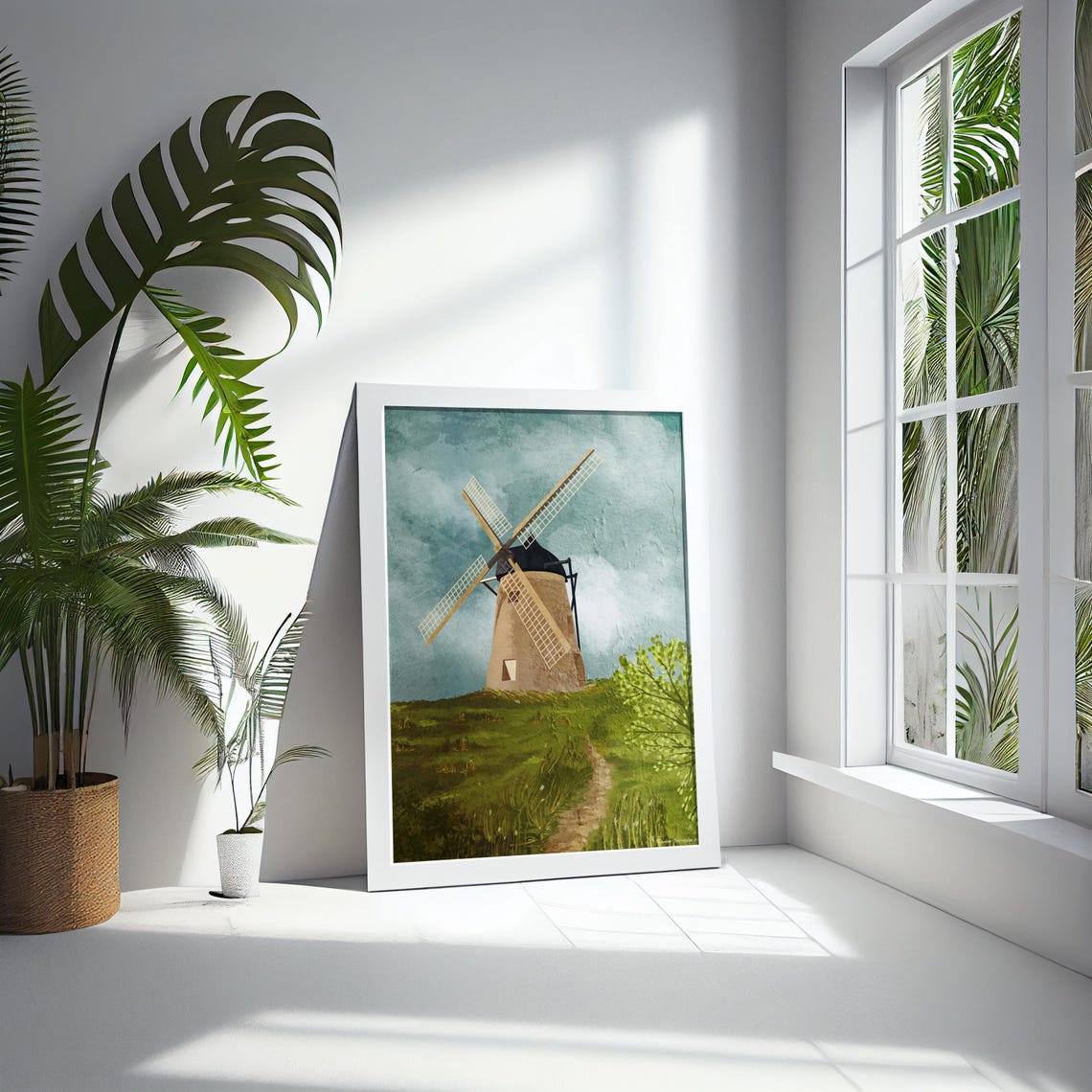 Windmill Green Hill Teal Sky Rustic Countryside Landscape Art Poster - Image 5