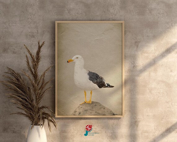 Seagull on Rock Watercolor Coastal Bird Vintage Paper Art Print