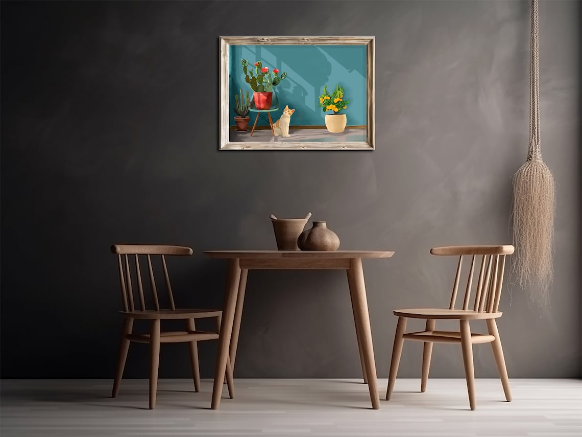Cat And Cactus Art Print, Cozy Plant Animal Decor - Image 2