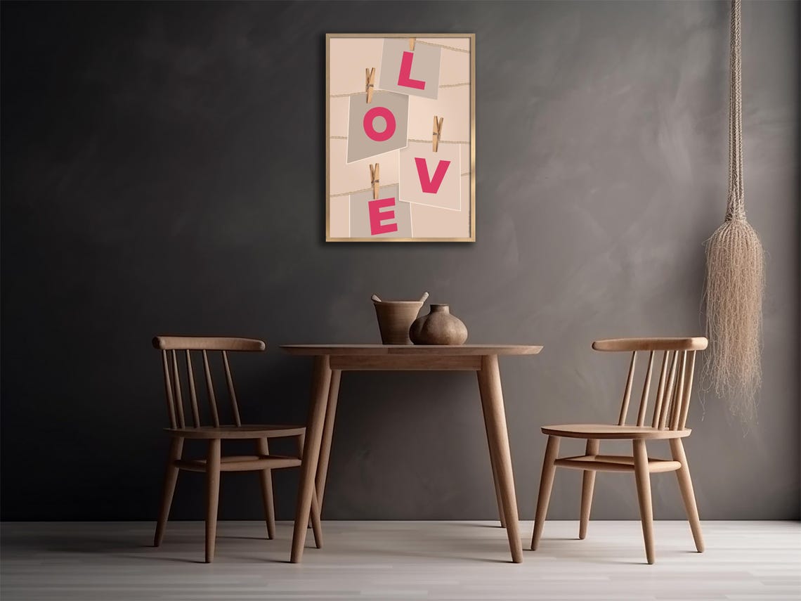 Pink Love Letters on String Clothesline Clips Romantic Wall Poster - Image 3