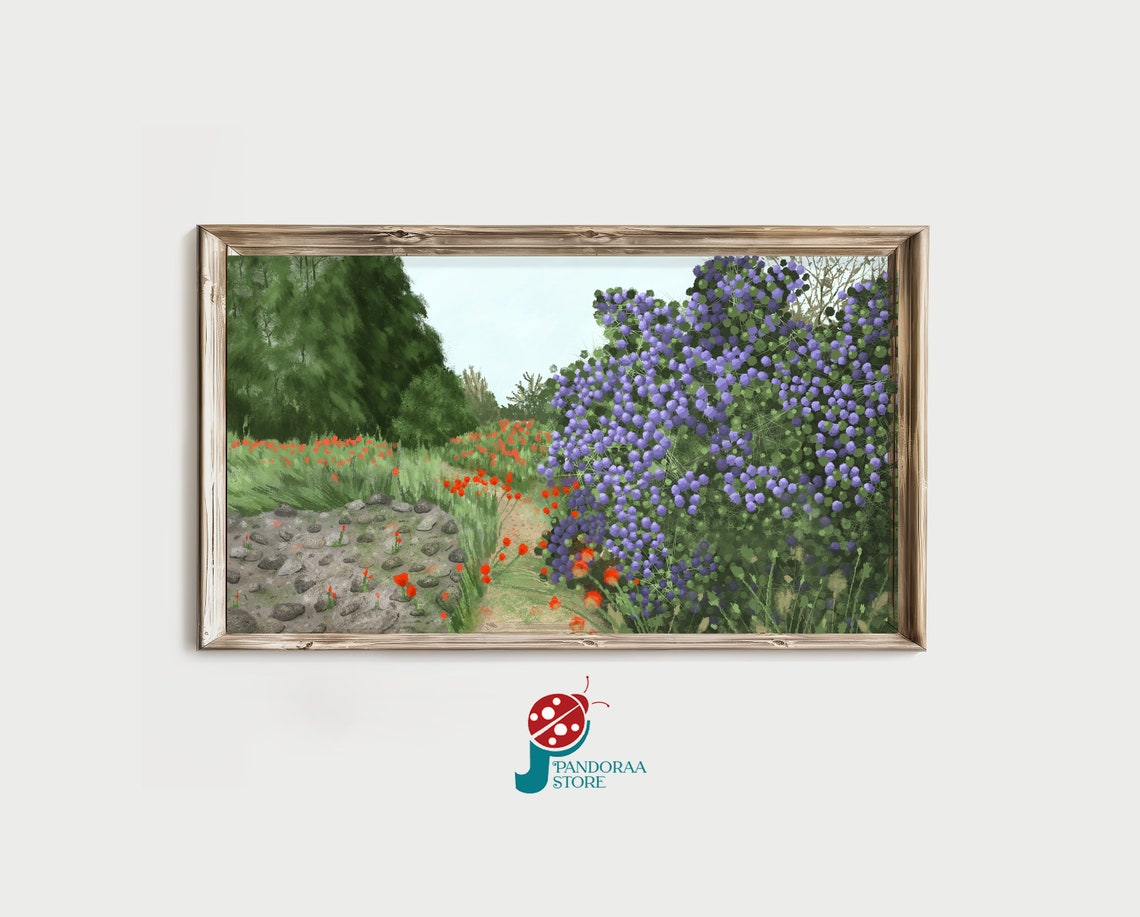 Fragrant Lilac Bush Red Wild Poppies Rocky Garden Path Spring Print
