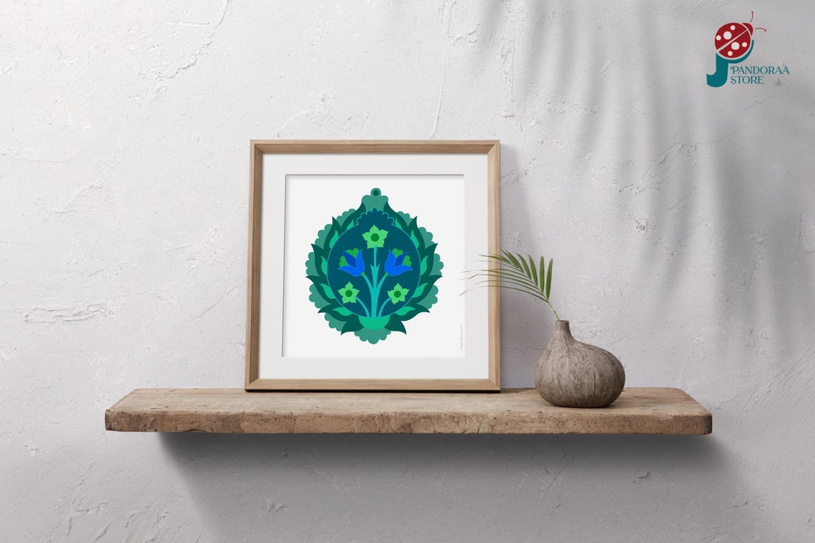 Blue Green Floral Medallion Folk Art Vintage Botanical Circle Poster - Image 5
