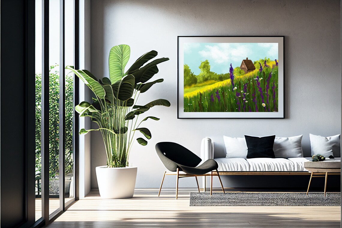 Purple Lupine Meadow Wooden Cabin Sunny Hillside Landscape Poster - Image 2