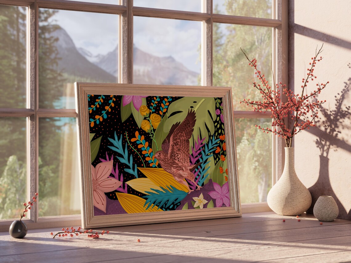 Colorful Bird of Prey Tropical Floral Bloom Bold Eclectic Print - Image 5