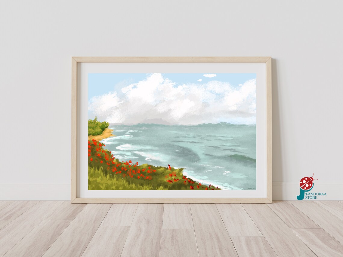 Seaside Cliffs Red Poppies Turquoise Waves Cloudy Sky Coast Poster