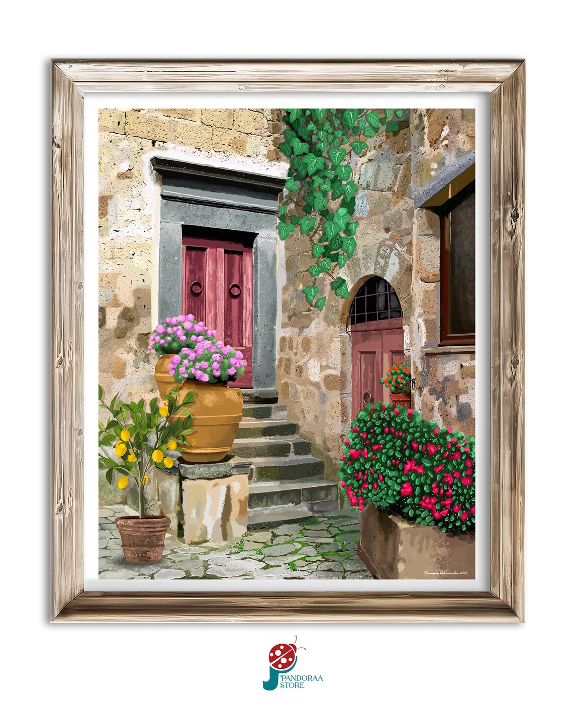 Old European Village Stone Doorway Flower Pots Rustic Travel Poster