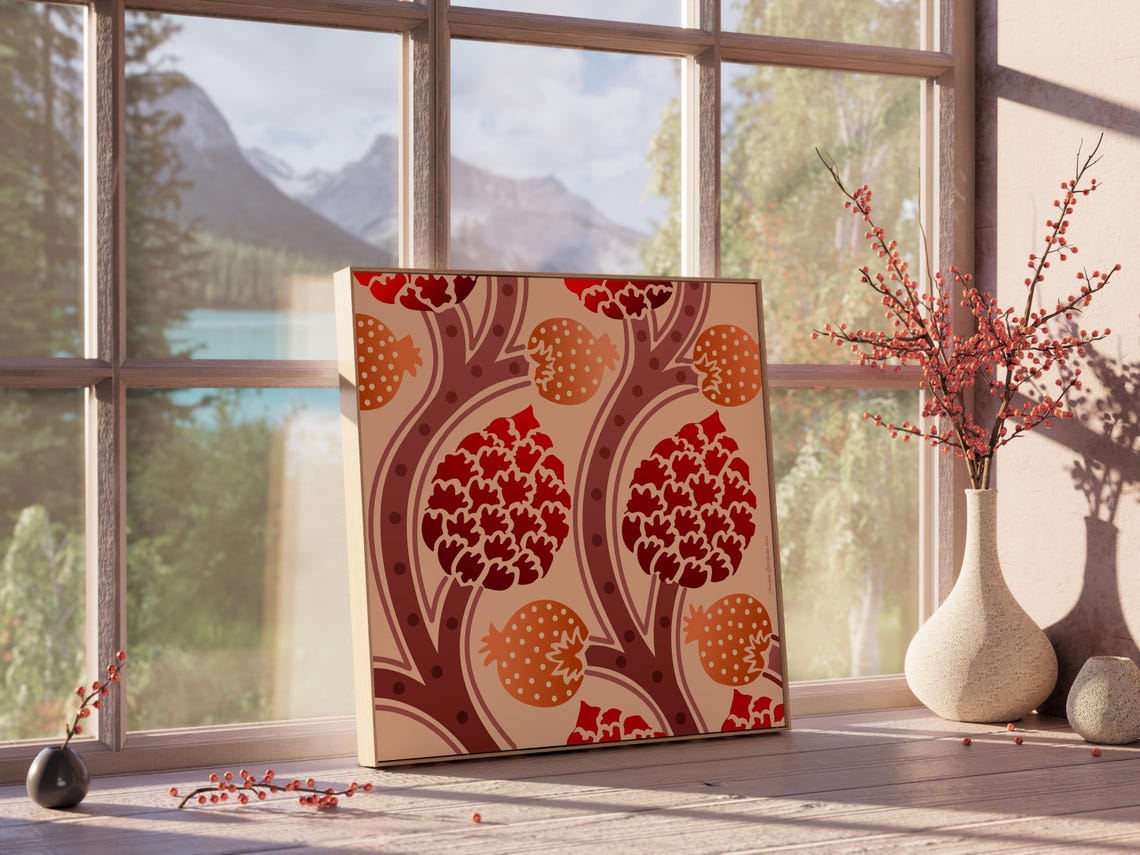Pomegranate Tree Bold Red Pattern Retro Botanical Decorative Print - Image 4