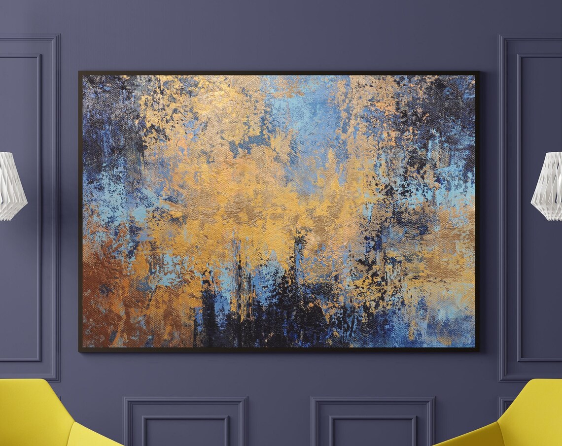 Abstract Painting in Blue and Gold, Office Art Print