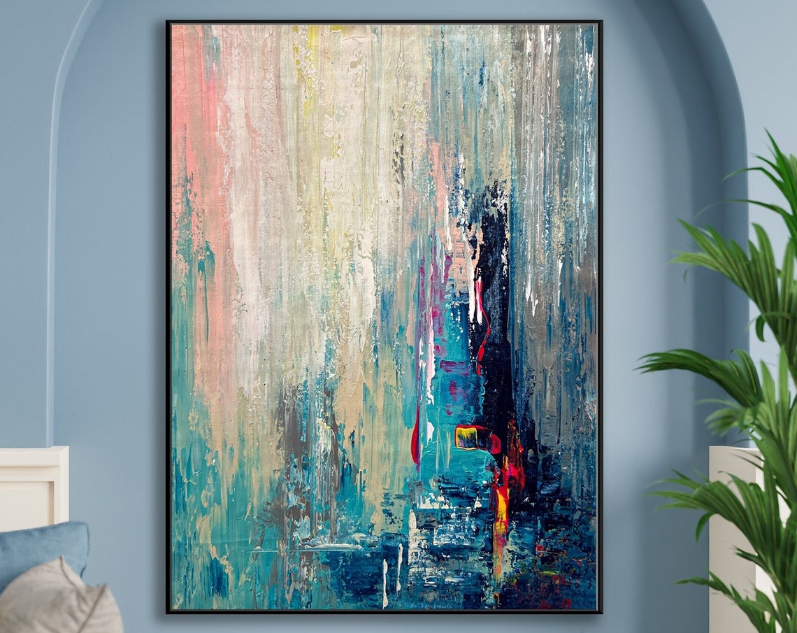 Teal Blue Waterfall Flow Abstract Painting Vertical Modern Wall Poster