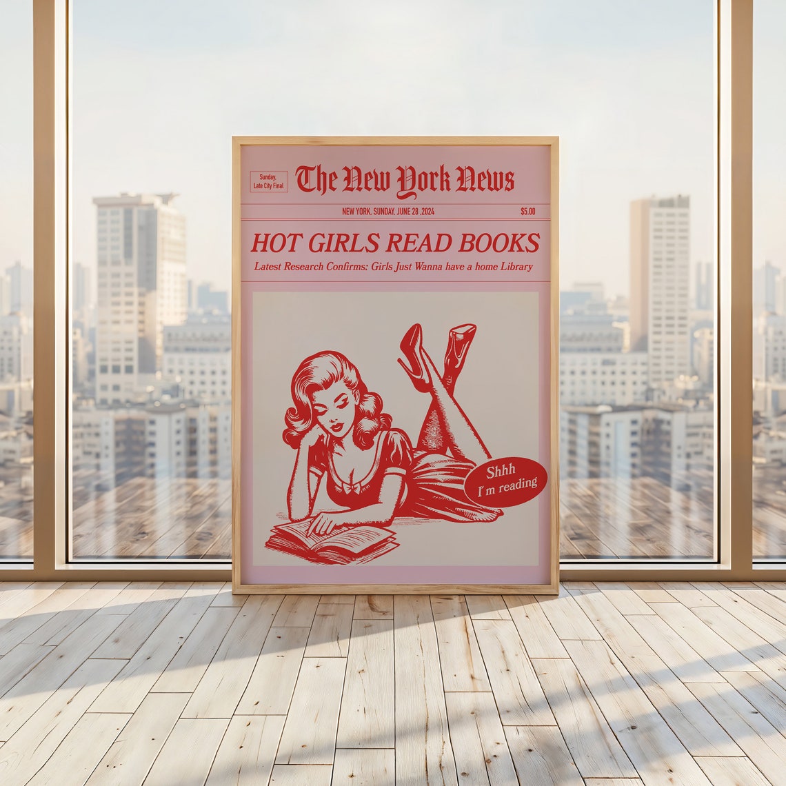 Hot Girls Read Books Newspaper Pink Retro Reader Quote Poster - Image 2