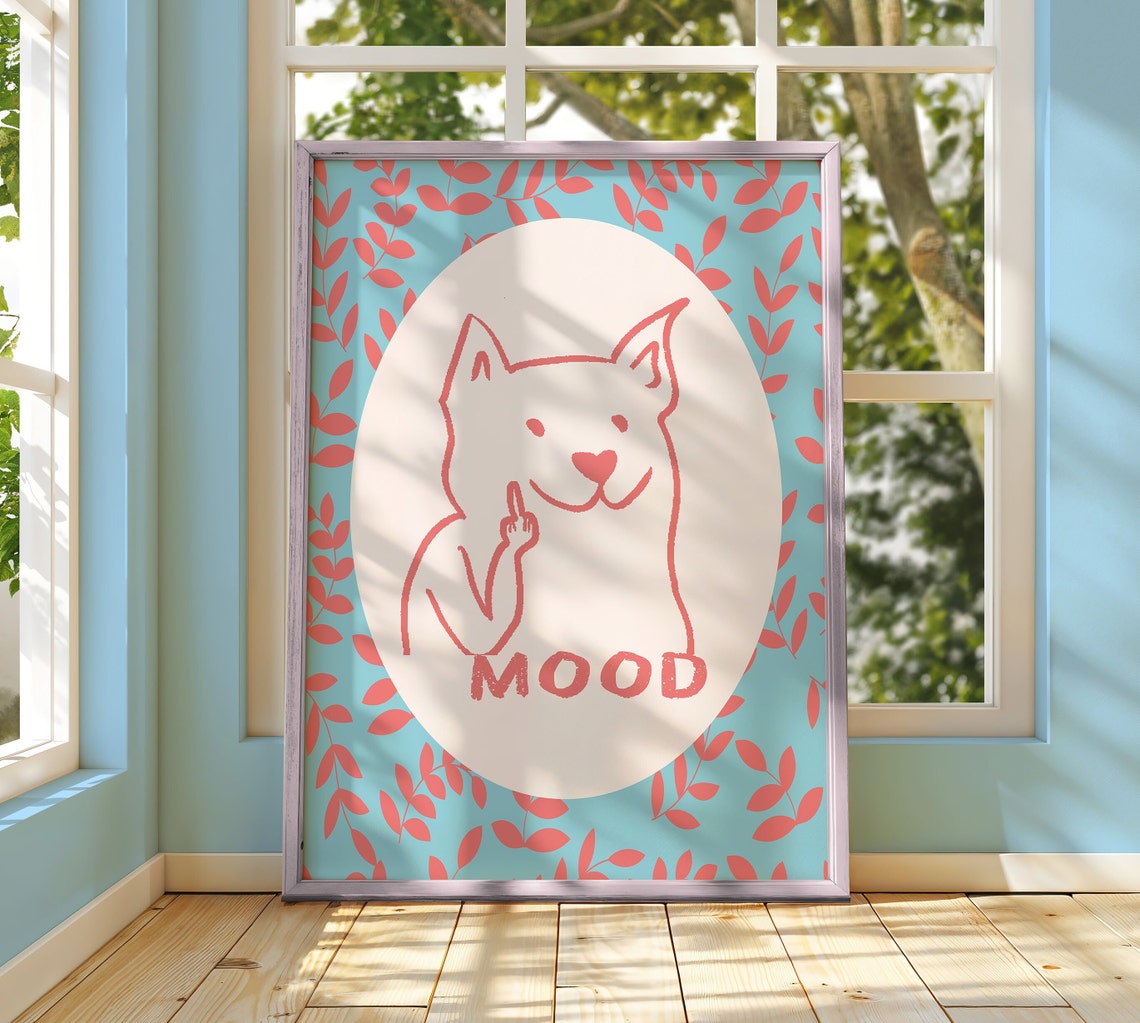 Mood Funny Cat Line Drawing Coral Floral Teal Background Print