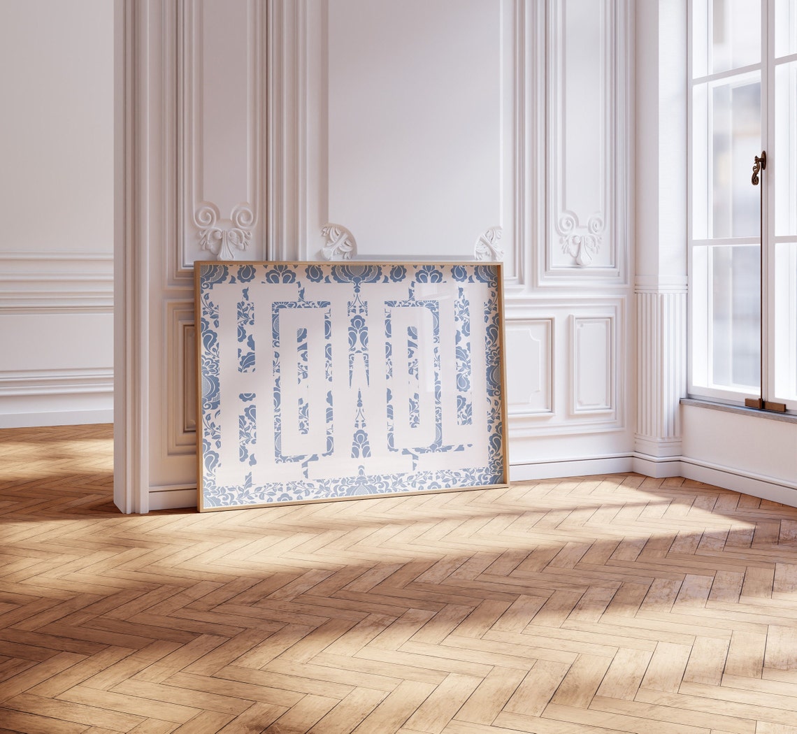 Howdy White Typography on Delft Blue Floral Porcelain Poster - Image 3