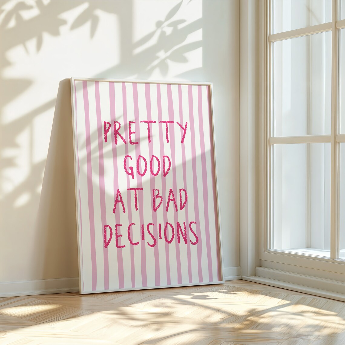 Pretty Good At Bad Decisions Hot Pink Striped Funny Quote Poster - Image 2