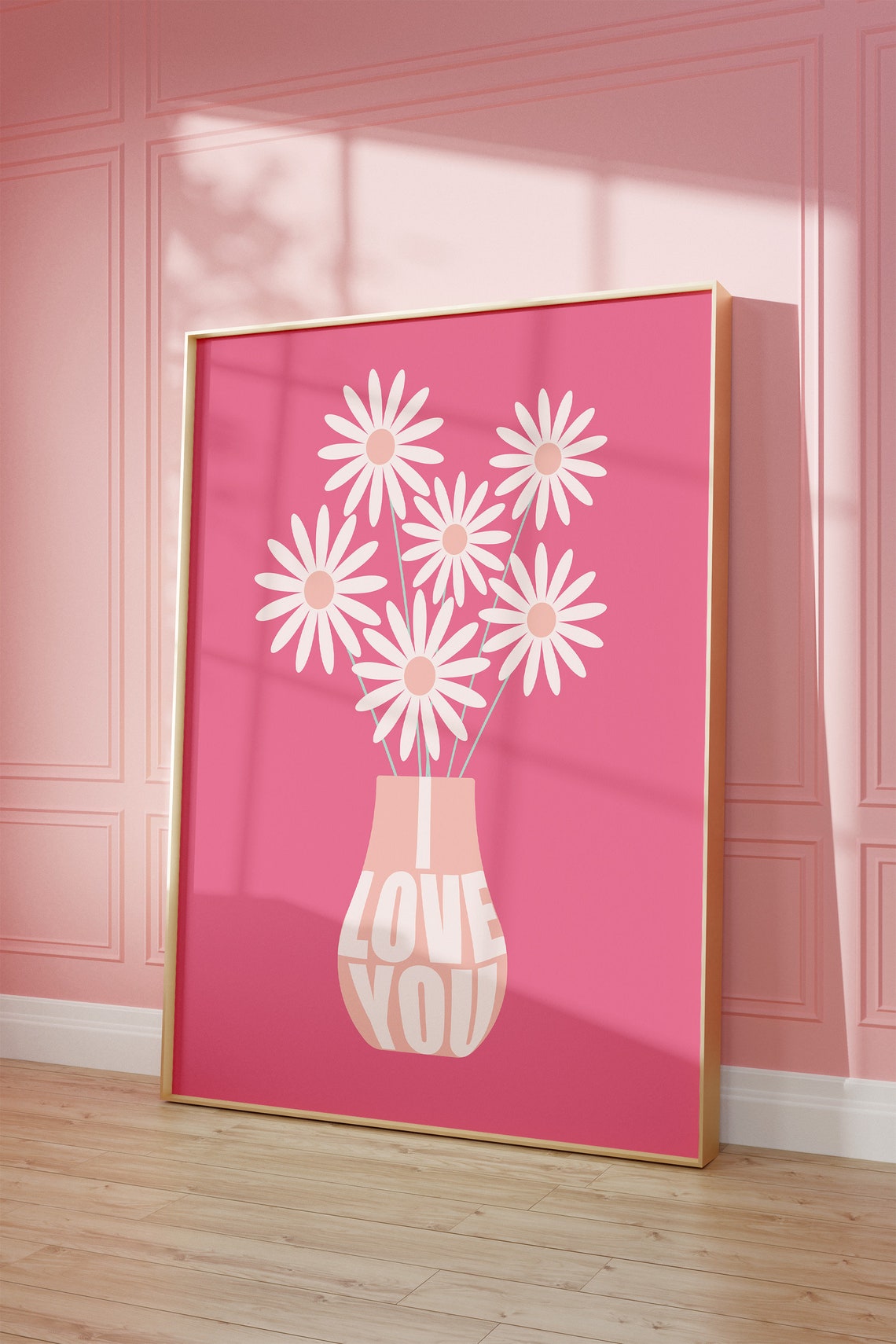 Pink Love You Flower Vase White Daisy Bouquet Romantic Art Poster - Image 3