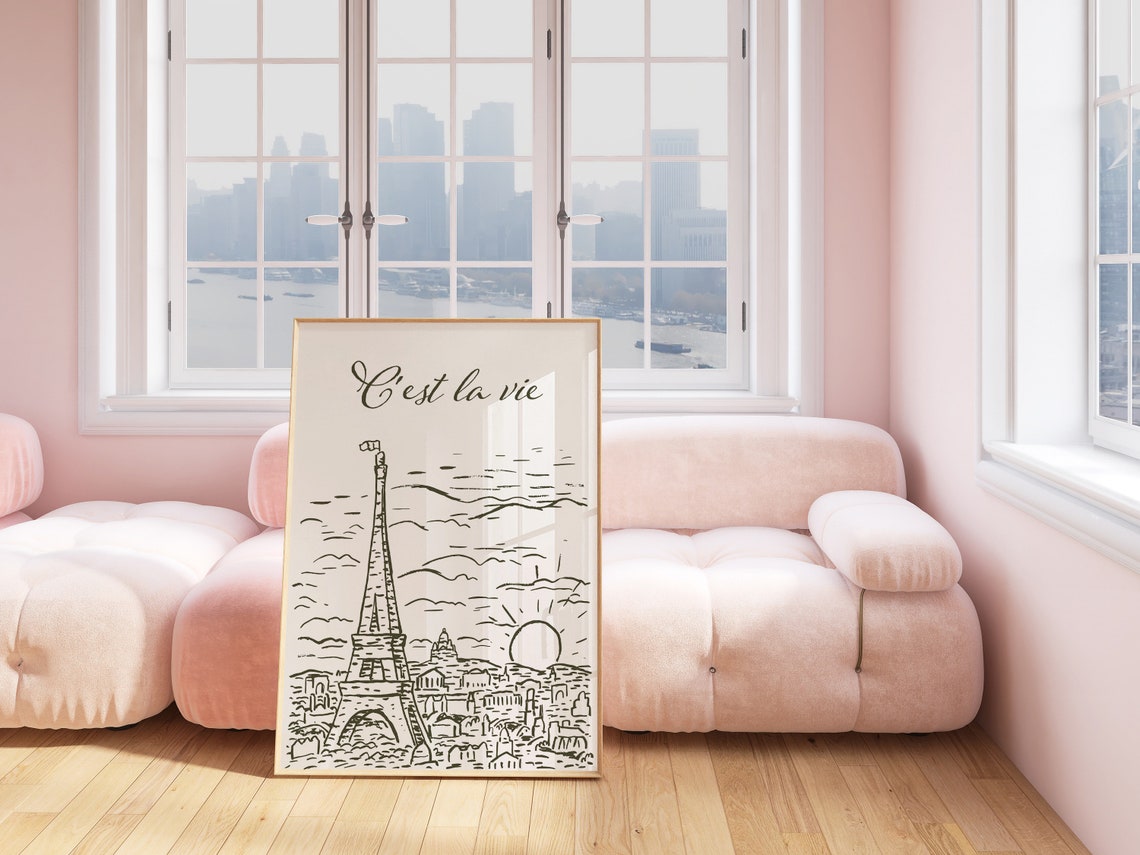C'est La Vie Hand Drawn Paris Eiffel Tower Sunset Art Poster - Image 2