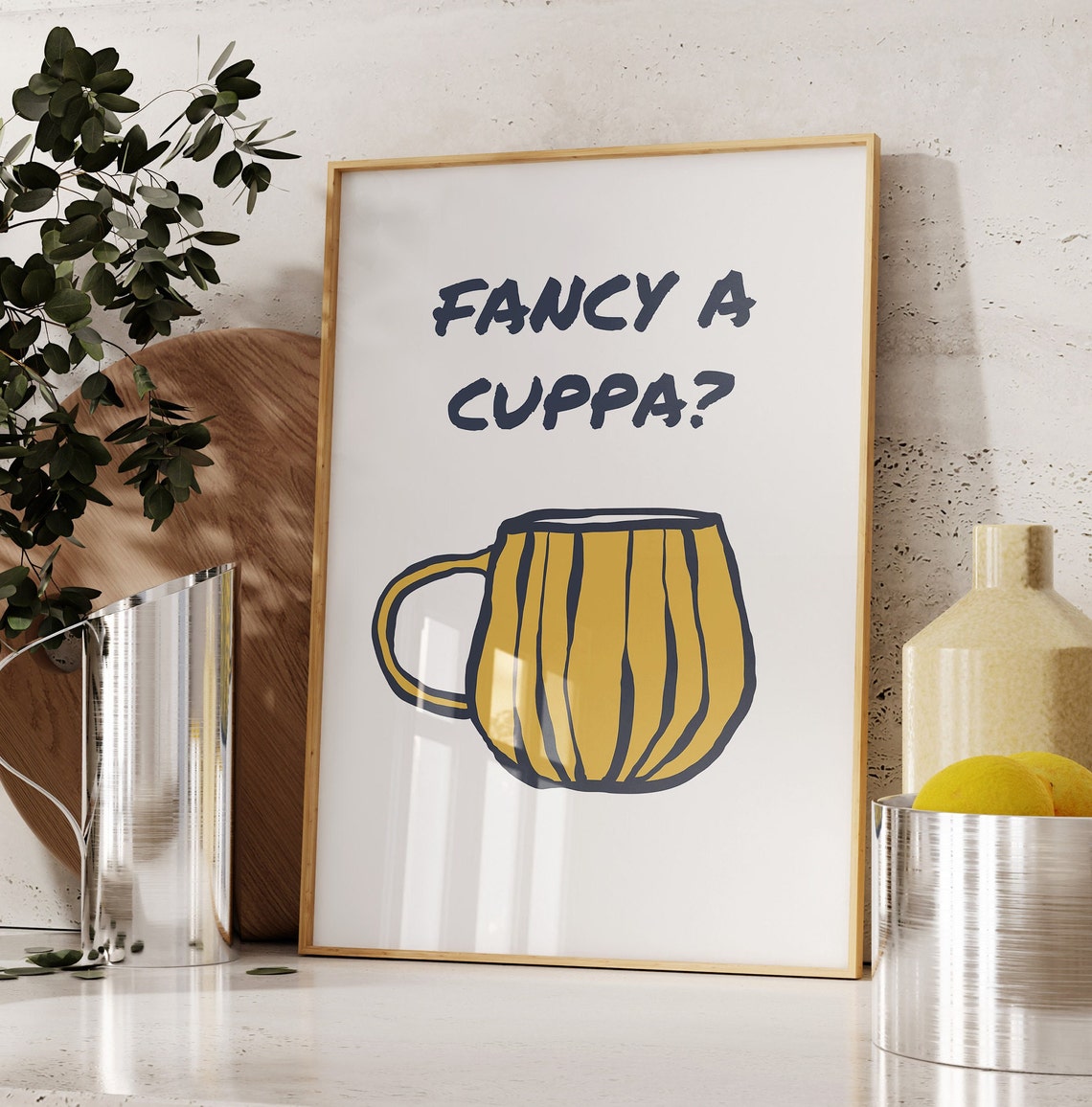 Fancy A Cuppa Yellow Striped Mug Retro Kitchen Wall Quote Poster