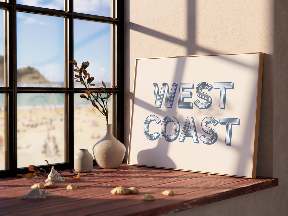 West Coast Blue Retro Striped Letters Minimalist Typography Poster - Image 2