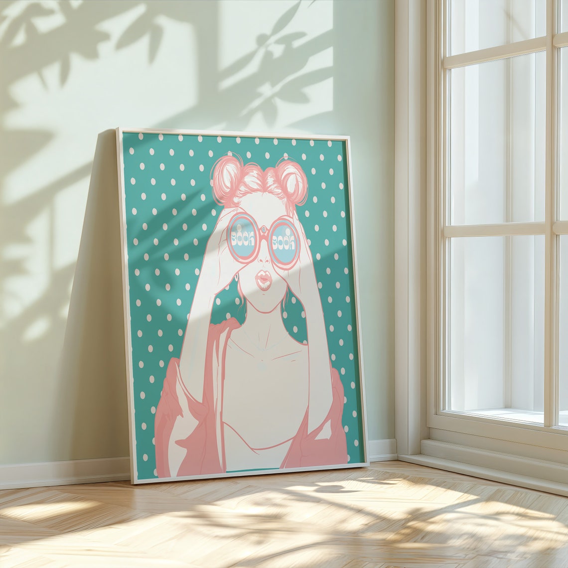 Book Lover Pink Binoculars Polka Dot Retro Reading Art Poster - Image 2