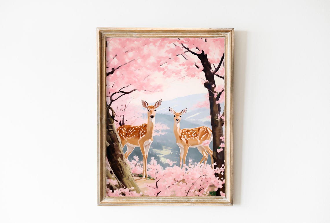Two Deer Under Pink Cherry Blossoms In Spring Landscape Art Poster
