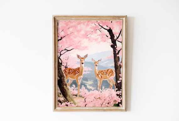 Two Deer Under Pink Cherry Blossoms In Spring Landscape Art Poster